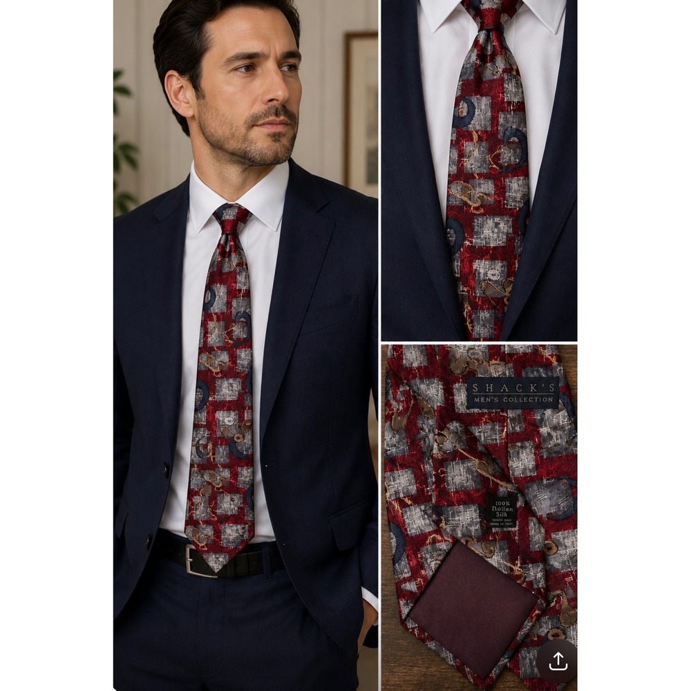 Shack's Men's Collection Burgundy‎ Red Abstract Geometric 100% Italian Silk Tie